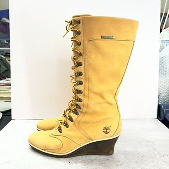 Timberland Knee High Lace-Up Yellow Genuine Leather Boots Womens Size 9M - Picture 1 of 13